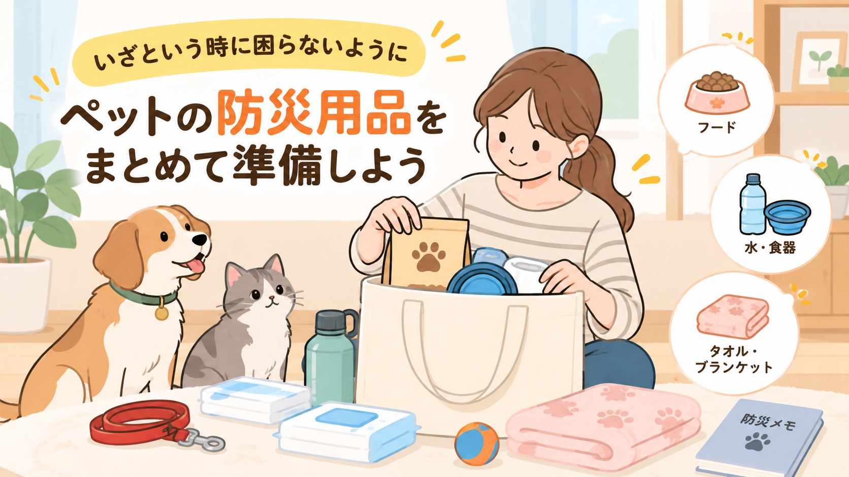 ペットの防災用品をまとめて準備するイメージ